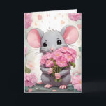 Birthday Mouse With Pink Flowers Card<br><div class="desc">Cute grey mouse with pink floral bouquet for birthday.
Text can be changed.</div>