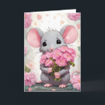 Birthday Mouse With Pink Flowers Card<br><div class="desc">Cute grey mouse with pink floral bouquet for birthday.
Text can be changed.</div>