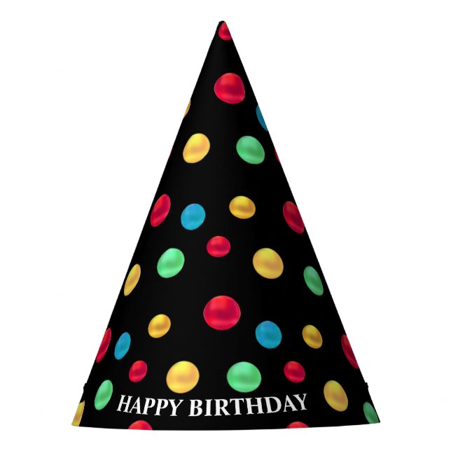 Birthday Multicolored Polka Dots on Black Party Hat (Front)