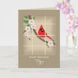 Birthday, Mum, Red Cardinal/Apple Blossoms Card