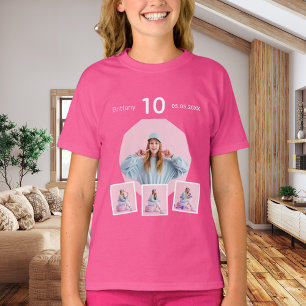 Birthday name age photo collage girl pink T-Shirt