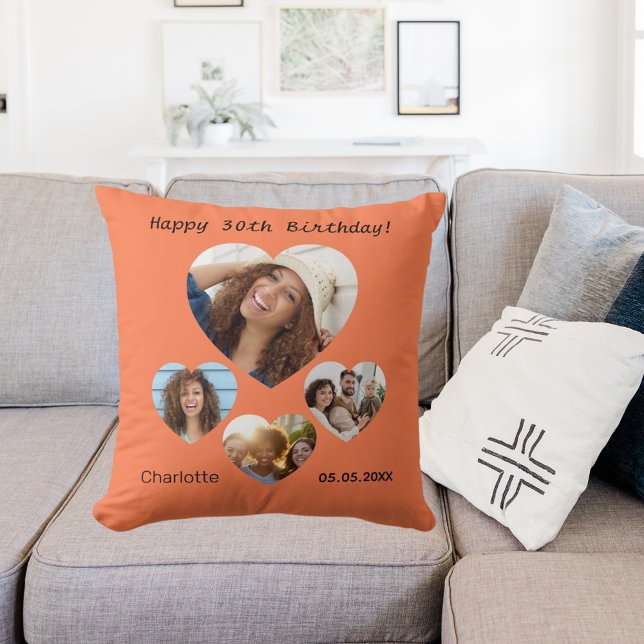 Birthday name age photo heart collage coral orange cushion (Creator Uploaded)