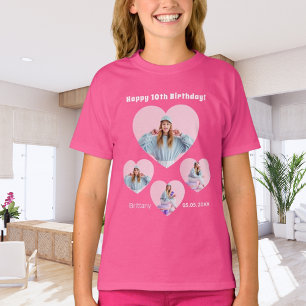 Birthday name age photo heart collage girl pink T-Shirt