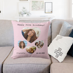 Birthday name age photo heart collage pink cushion