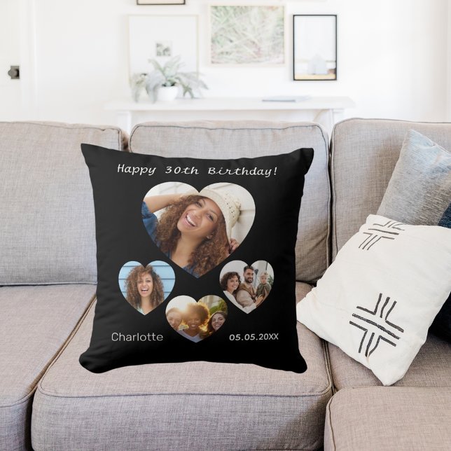 Birthday name age photo heart collage woman black cushion (Creator Uploaded)