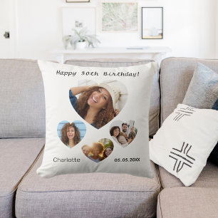Birthday name age photo heart collage woman cushion