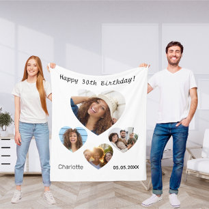 Birthday name age photo heart collage woman fleece blanket