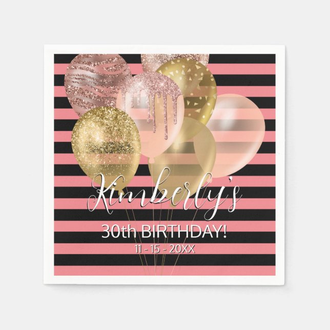 Birthday Name Gold Balloons, Coral & Black Stripes Napkin (Front)