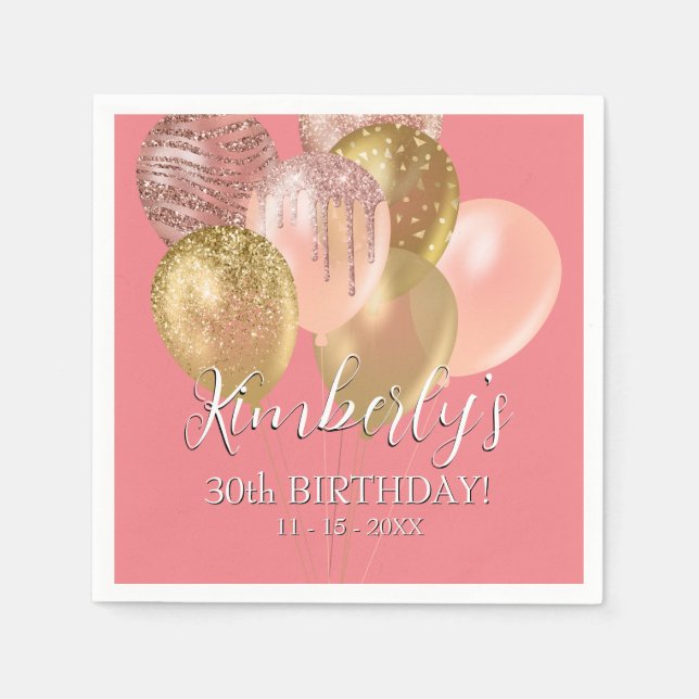 Birthday Name Gold Glitter Balloons Age Date Coral Napkin (Front)