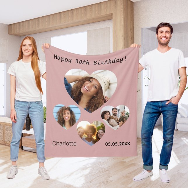 Birthday name photo heart collage dusty rose fleece blanket (Creator Uploaded)