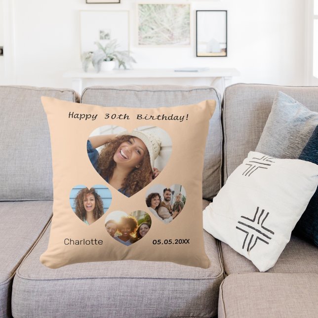 Birthday name photo heart collage peach cushion (Creator Uploaded)