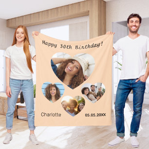 Birthday name photo heart collage peach fleece blanket