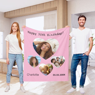 Birthday name photo heart collage pink fleece blanket