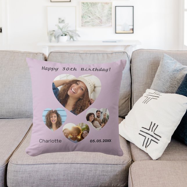 Birthday name photo heart collage taupe cushion (Creator Uploaded)
