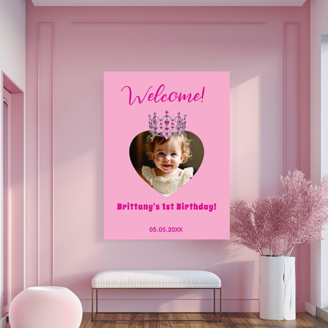 Birthday name photo pink tiara baby girl welcome poster (Creator Uploaded)