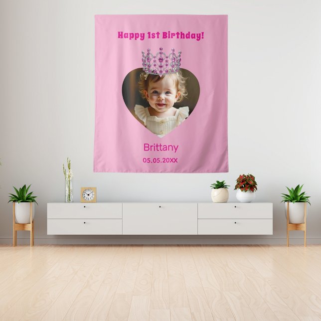 Birthday name photo pink tiara baby girl welcome tapestry (Creator Uploaded)