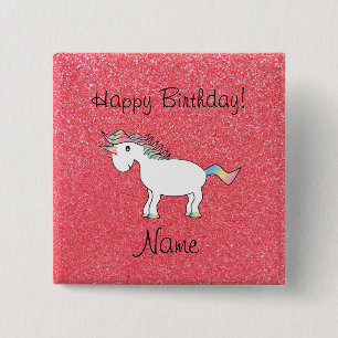 Birthday name unicorn light pink glitter 15 cm square badge