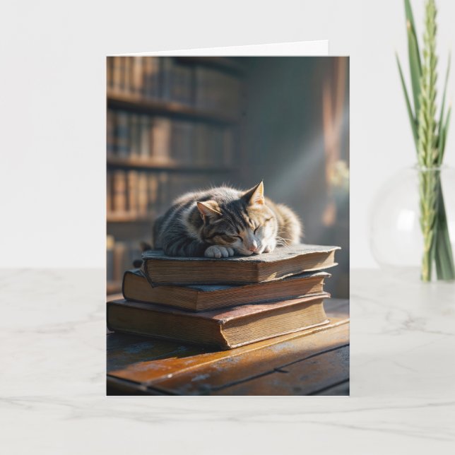 Birthday Napping Tabby Cat On Library Books Card (Front)