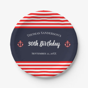 Birthday Nautical Marine Navy Blue White Stripes Paper Plate