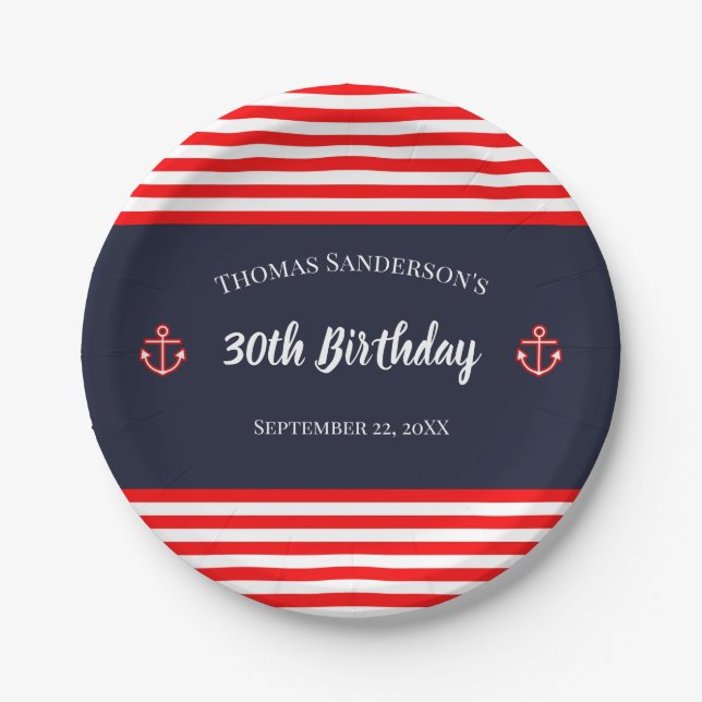 Birthday Nautical Marine Navy Blue White Stripes Paper Plate (Front)
