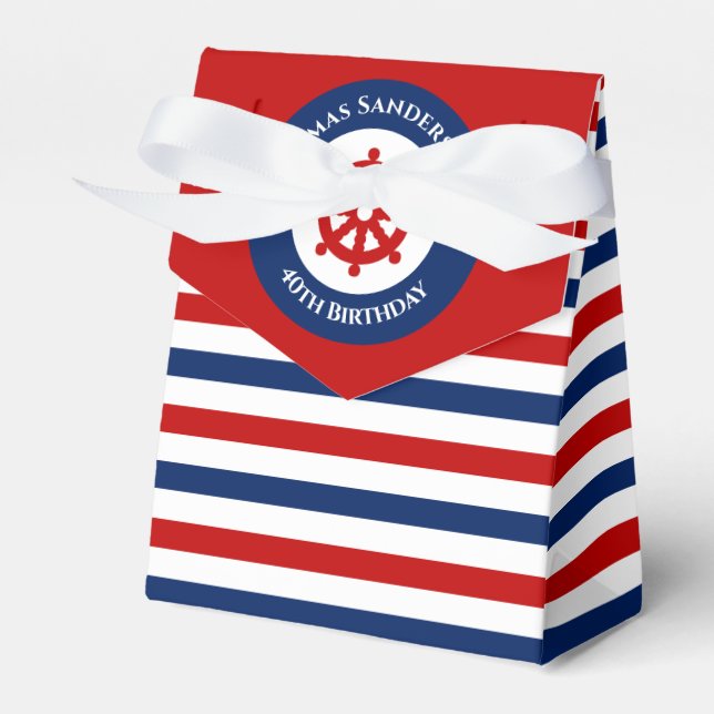 Birthday Nautical Marine Red Rudder White Stripes Favour Box (Front Side)