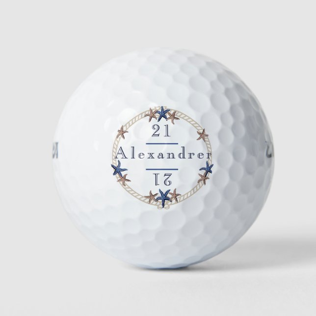 Birthday Nautical Navy Blue White Tan Starfish  Golf Balls (Front)