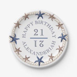 Birthday Nautical Navy Blue White Tan Starfish Paper Plate