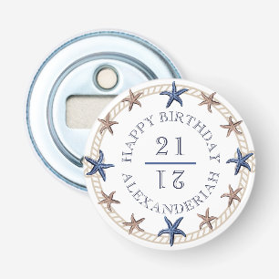 Birthday Nautical Navy Blue White Tan Starfish  Ro Bottle Opener