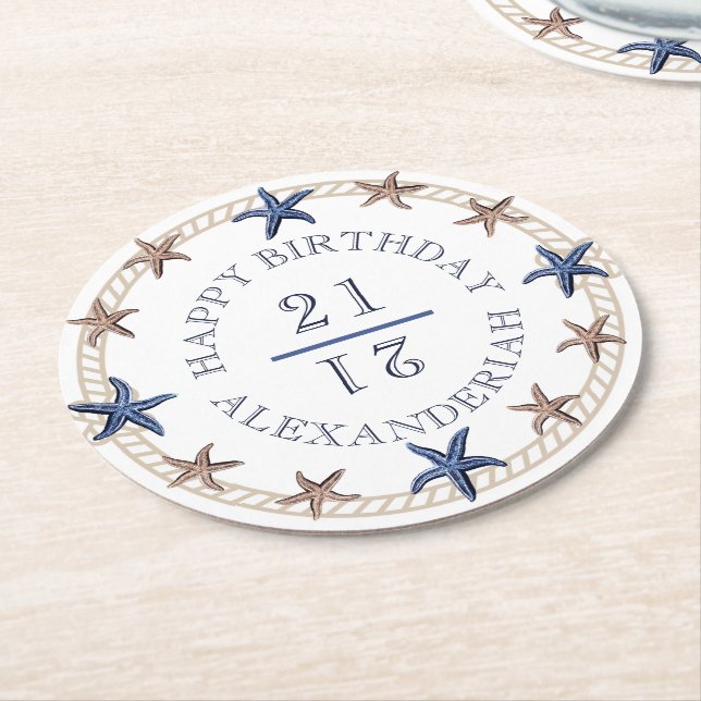 Birthday Nautical Navy Blue White Tan Starfish  Round Paper Coaster (Angled)