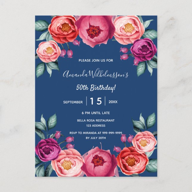 Birthday navy blue blush purple invitation postcard (Front)
