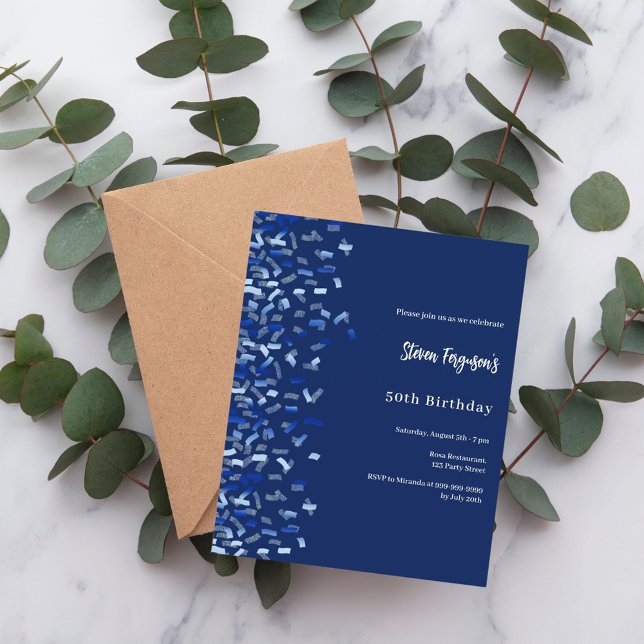 Birthday navy blue confetti invitation (Creator Uploaded)