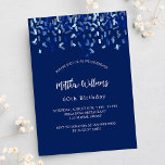 Birthday navy blue confetti men guy party invitation<br><div class="desc">A modern,  elegant and invitation.  A navy blue background decorated with blue confetti.  Personalise and add a name and details. White text.</div>