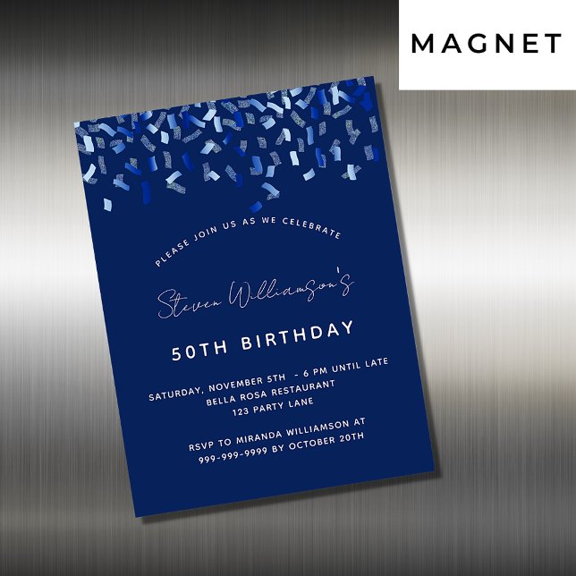 Birthday navy blue confetti men invitation magnet (Creator Uploaded)