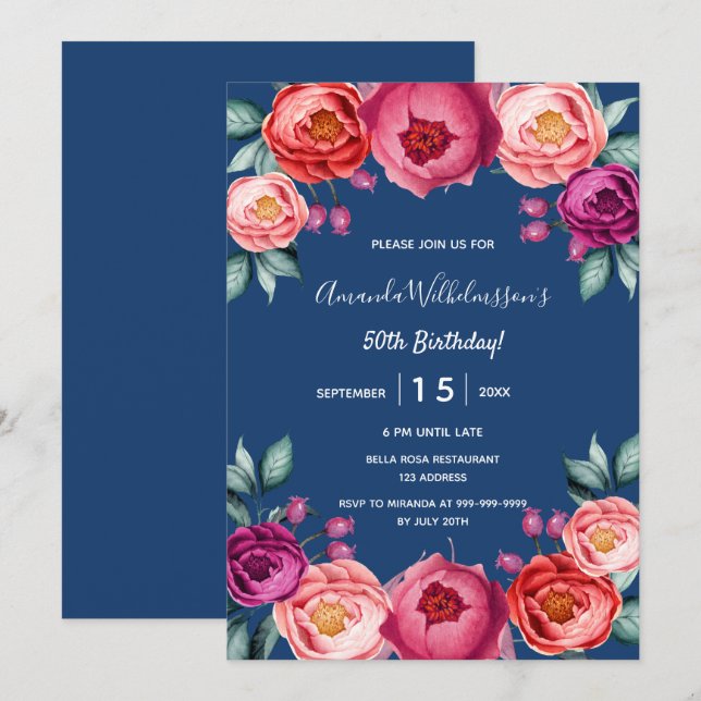 Birthday navy blue floral blush pink purple invitation (Front/Back)