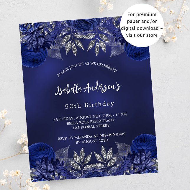 Birthday navy blue flowers budget invitation (Creator Uploaded)