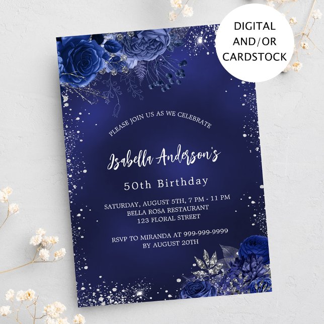 Birthday navy blue flowers silver sparkles invitation (Creator Uploaded)