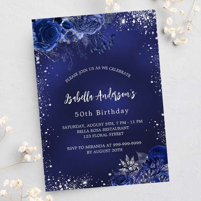 Birthday navy blue flowers silver sparkles luxury invitation (Creator Uploaded)