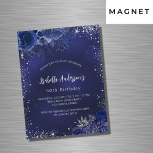 Birthday navy blue flowers silver sparkles luxury magnetic invitation