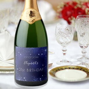 Birthday navy blue glitter dust monogram sparkling wine label