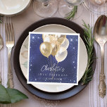 Birthday navy blue glitter gold balloons luncheon napkin<br><div class="desc">A navy blue background with elegant faux sparkles and golden balloons. The blue color is uneven.  Personalize and add a name and age.  White letters.</div>