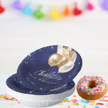 Birthday navy blue glitter gold balloons paper plate<br><div class="desc">A navy blue background with elegant faux sparkles and golden balloons. The blue colour is uneven.  Personalise and add a name and age.  White letters.</div>