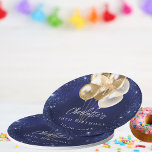 Birthday navy blue glitter gold balloons paper plate<br><div class="desc">A navy blue background with elegant faux sparkles and golden balloons. The blue colour is uneven.  Personalise and add a name and age.  White letters.</div>
