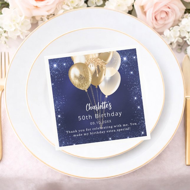 Birthday navy blue glitter gold balloons thank you napkin (Creator Uploaded)