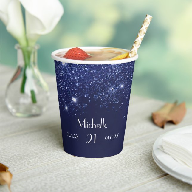 Birthday navy blue glitter name glamourous paper cups (Insitu)