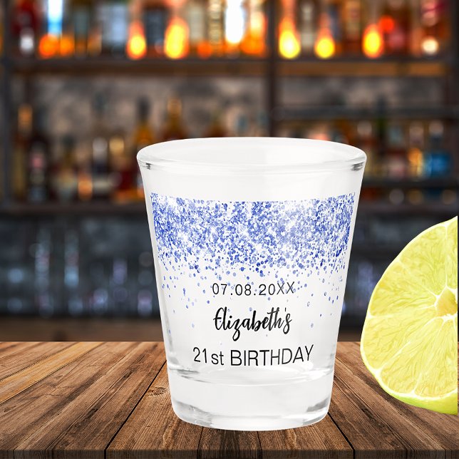 Birthday navy blue glitter sparkles name shot glass (Creator Uploaded)