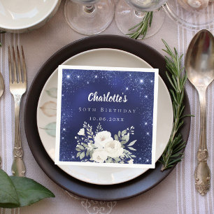 Birthday navy blue glitter white florals napkin
