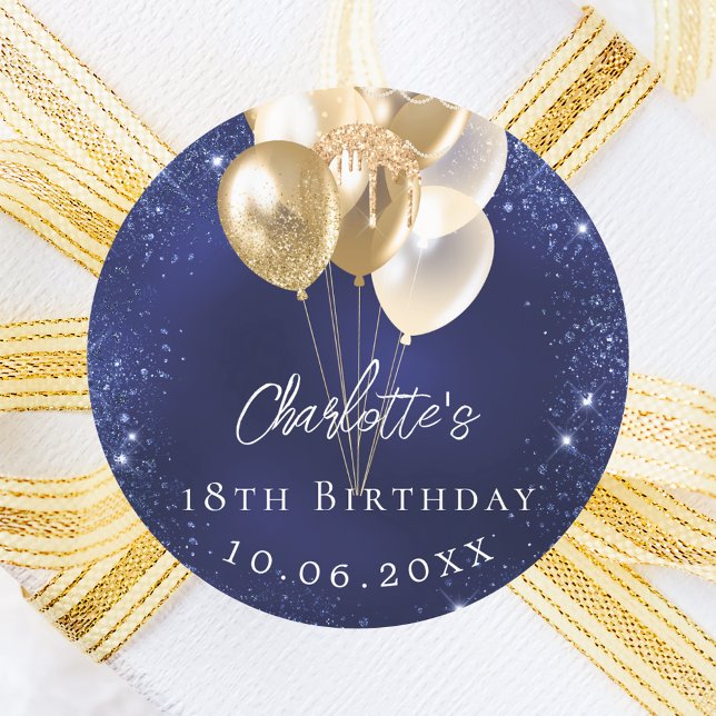 Birthday navy blue gold balloons classic round sticker (Creator Uploaded)