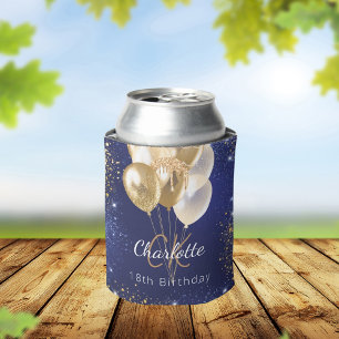 Birthday navy blue gold balloons monogram name can cooler