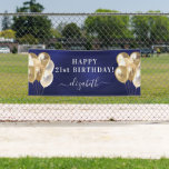 Birthday navy blue gold balloons name script banner<br><div class="desc">For a girly and glamourous 21st (or any age) birthday party. A navy blue background. The blue colour is uneven. Decorated with golden balloons. Personalise and add a name and age 21. White letters. The name is written with a modern hand lettered style script with swashes. To keep the swashes...</div>