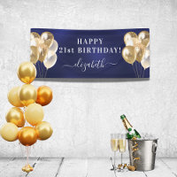 Birthday navy blue gold balloons name script